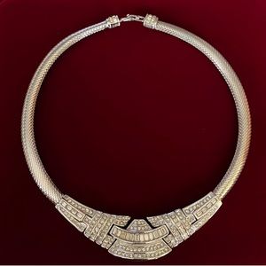 Vintage CHRISTIAN DIOR Silver Baguette Embellished Art Deco Couture Necklace